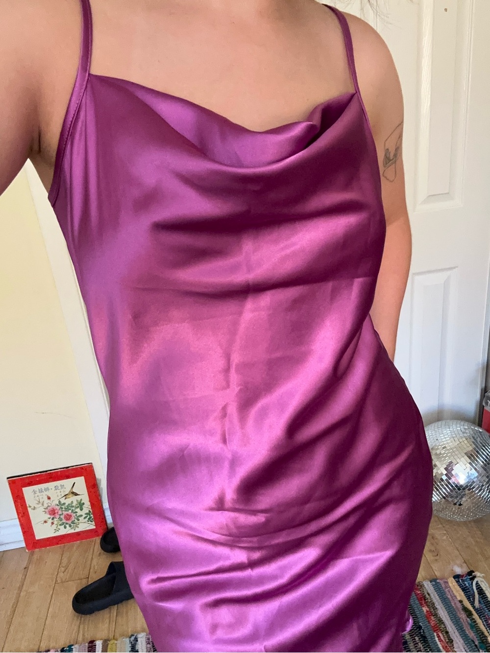 bebe Satin Cowl Midi Dress in Magenta Purple
